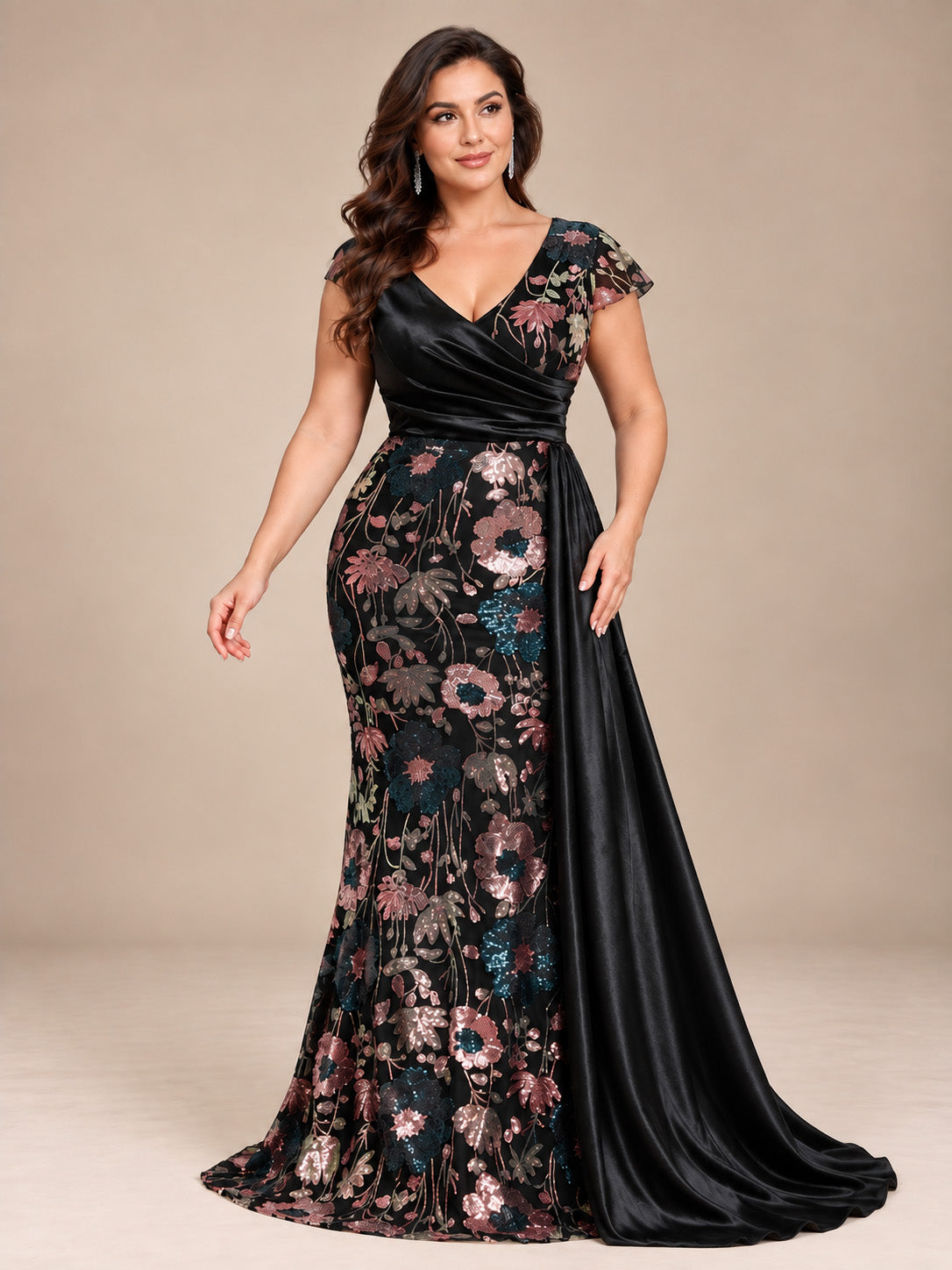Women’s Black Elegant Floral Sequin Asymmetric Neck Short Sleeve Mermaid Maxi Dress with Satin Draped Detail