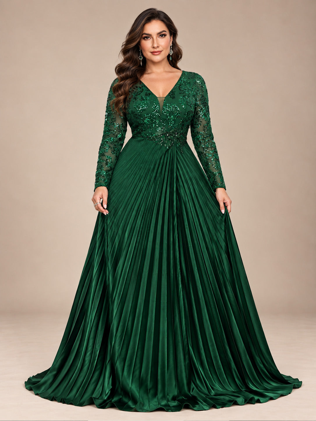 Women’s Emerald Green Elegant Sequin V-Neck Long Sleeve Pleated A-Line Maxi Dress with Embellished Waist Detail
