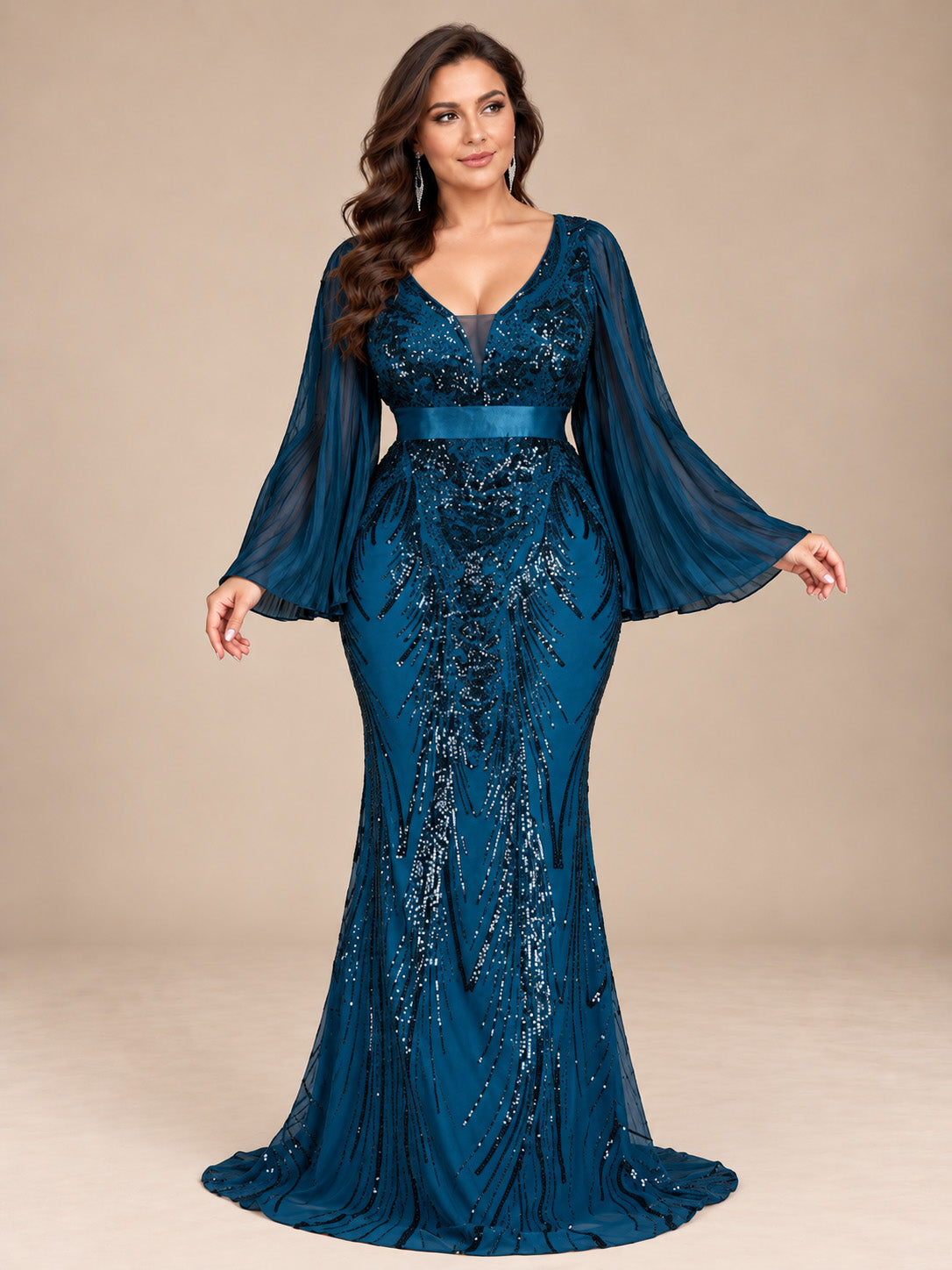 Women’s Teal Blue Elegant Sequin V-Neck Long Bell Sleeve Mermaid Maxi Dress with Pleated Chiffon Detail