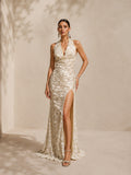 Women’s Ivory Lace Halter Neck Sleeveless Slim Maxi Dress with High Slit
