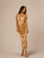 Women’s Gold Velvet Off Shoulder Ruched Draped Maxi Dress