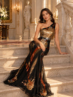 Women’s Black Gold Glamorous Sequin One-Shoulder Sleeveless Fitted Maxi Dress with Floral Detail