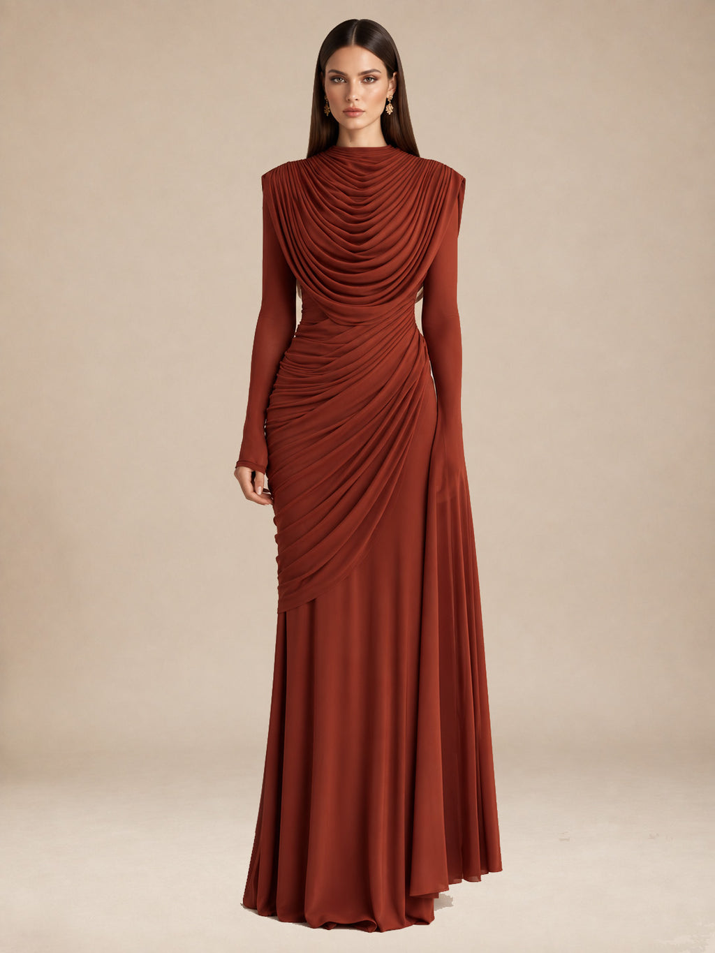 Women’s Rust Brown Elegant Stretch Jersey High Neck Long Sleeve Mermaid Maxi Dress with Draped Scarf Detail