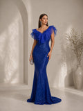 Women’s Royal Blue Luxe Sequin Ruffle V Neck Mermaid Maxi Dress