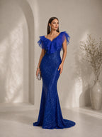 Women’s Royal Blue Luxe Sequin Ruffle V Neck Mermaid Maxi Dress