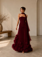 Women’s Burgundy Elegant Strapless Sleeveless Slim Maxi Evening Dress