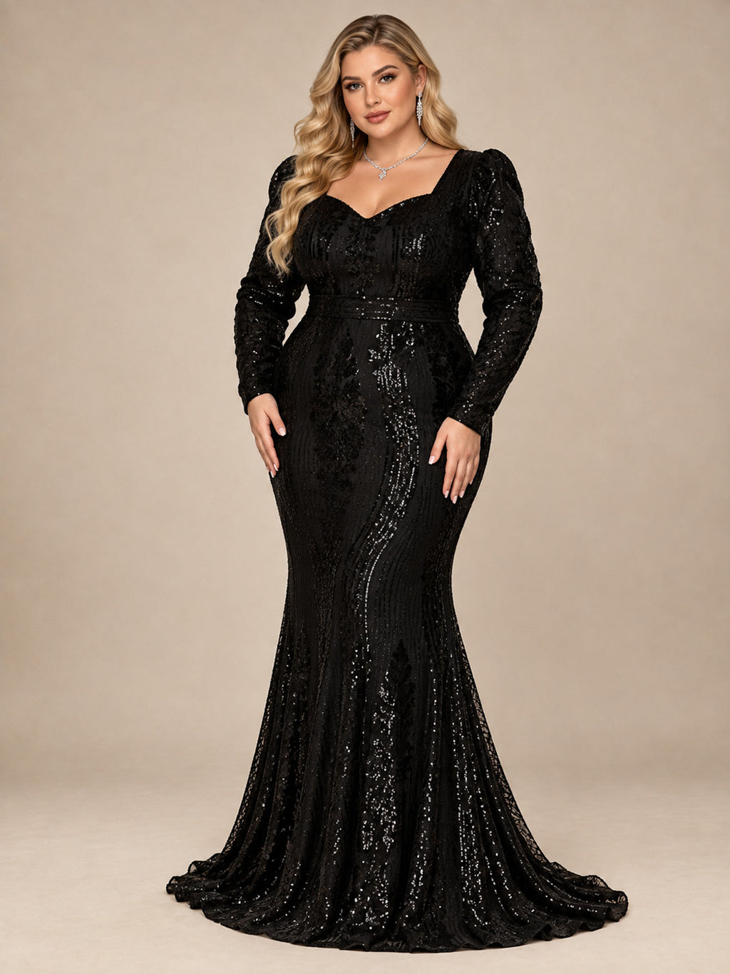 Women’s Black Elegant Sequin Lace Sweetheart Neck Long Sleeve Mermaid Maxi Dress with Puff Shoulders