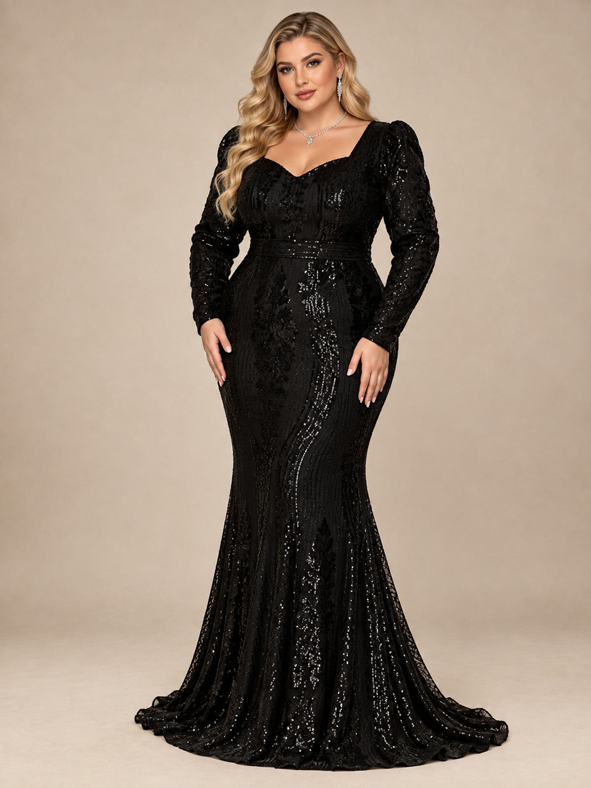 Women’s Black Elegant Sequin Lace Sweetheart Neck Long Sleeve Mermaid Maxi Dress with Puff Shoulders