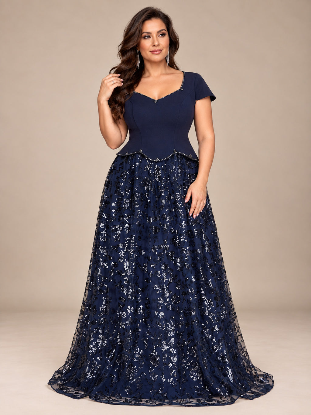 Women’s Navy Blue Elegant Sequin Sweetheart Neck Short Sleeve A-Line Maxi Dress with Peplum Waist Detail