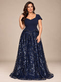 Women’s Navy Blue Elegant Sequin Sweetheart Neck Short Sleeve A-Line Maxi Dress with Peplum Waist Detail