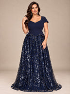 Women’s Navy Blue Elegant Sequin Sweetheart Neck Short Sleeve A-Line Maxi Dress with Peplum Waist Detail