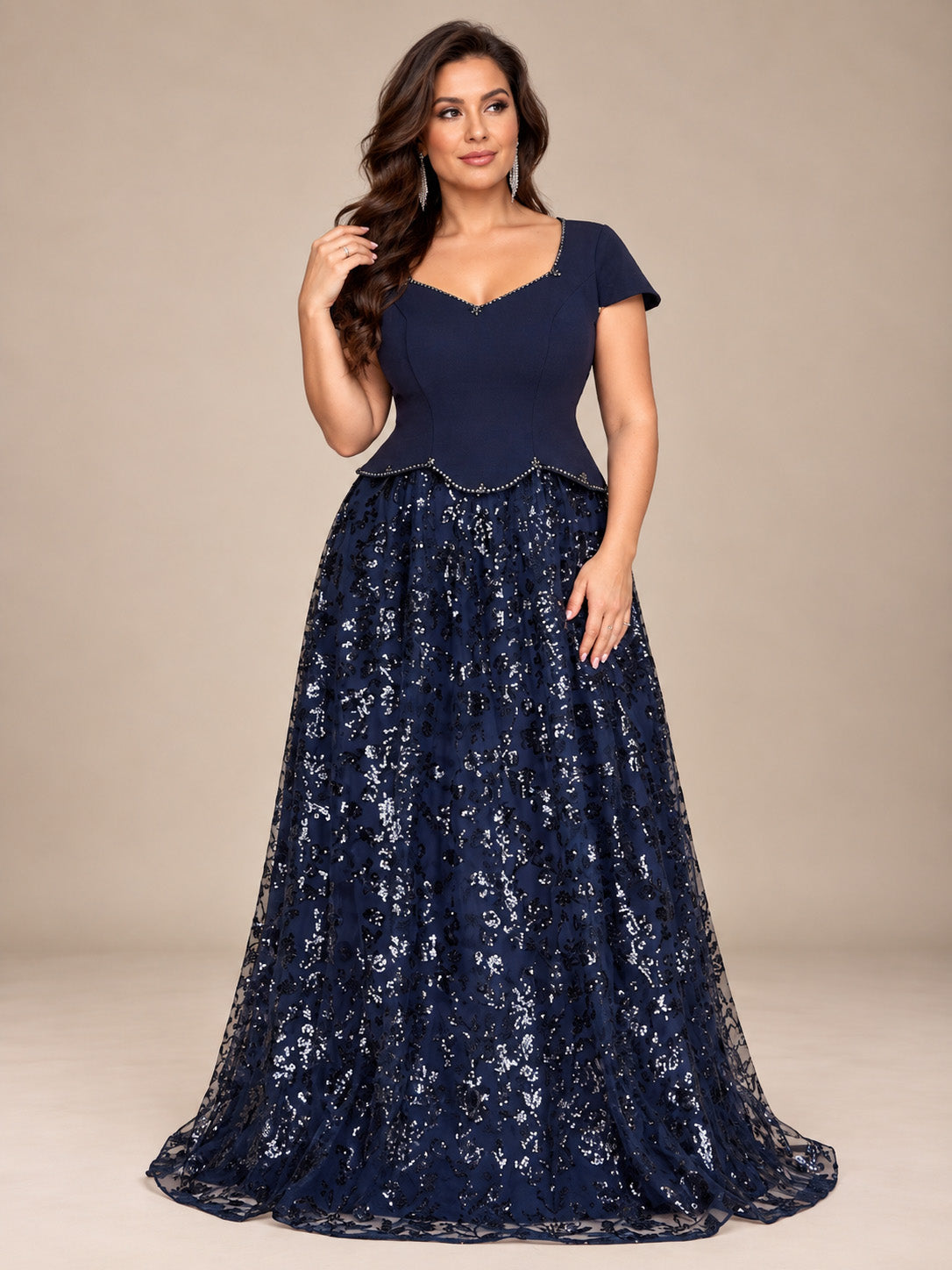 Women’s Navy Blue Elegant Sequin Sweetheart Neck Short Sleeve A-Line Maxi Dress with Peplum Waist Detail