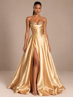 Women’s Black Glamorous Satin Strapless Sweetheart Neck Sleeveless A-Line Maxi Dress with Sequin Detail, Corset Waist and High Slit