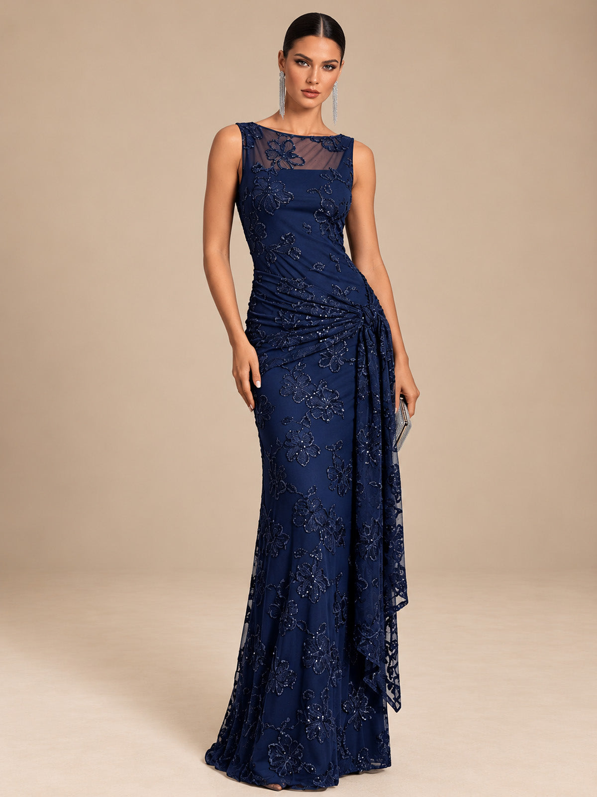 Women’s Emerald Green Elegant Sequin One Shoulder Sleeveless Mermaid Maxi Dress with Asymmetric Ruffle and Colorblock Detail