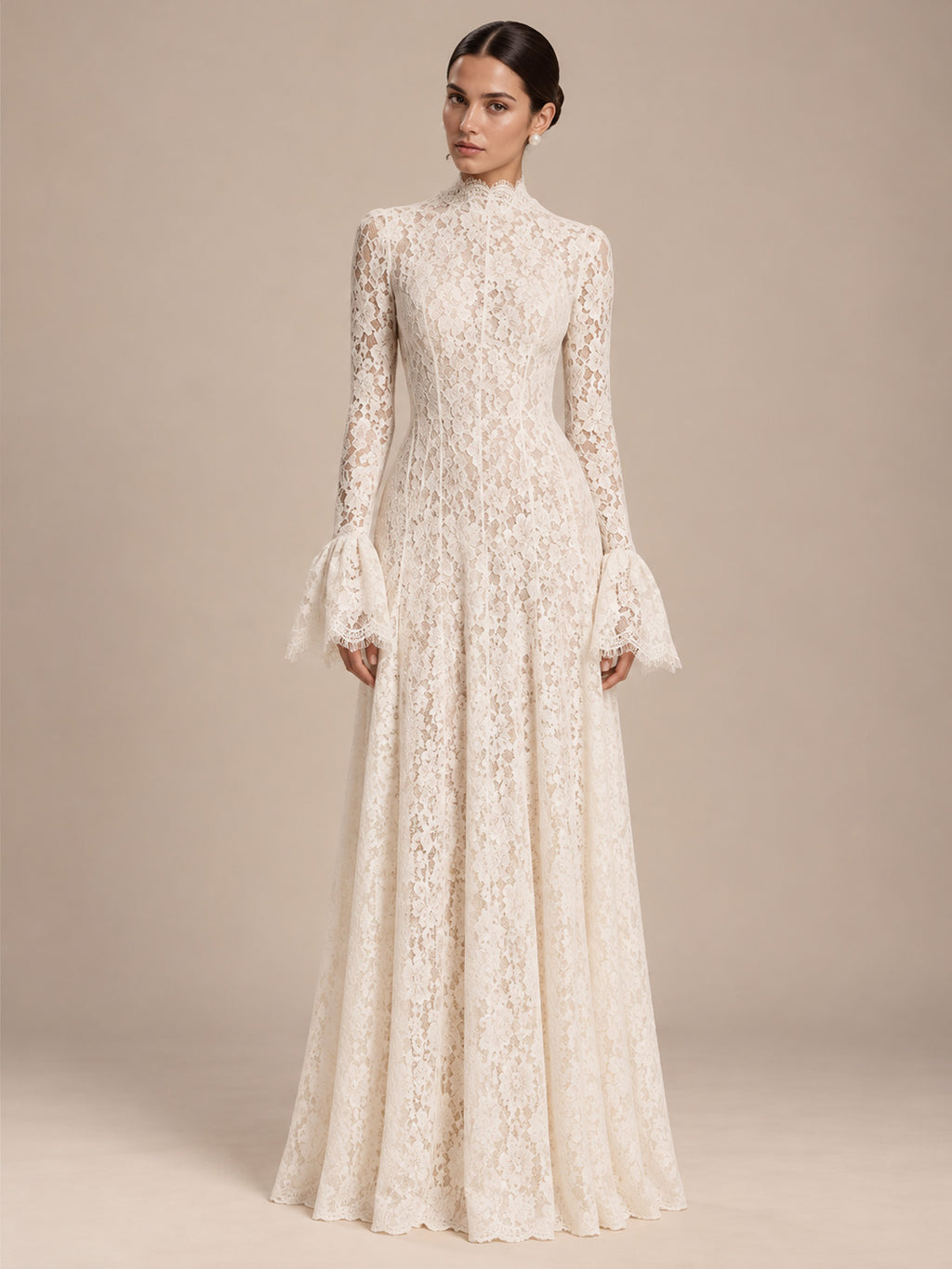 Women’s Ivory Elegant Floral Lace High Neck Long Bell Sleeve A-Line Maxi Dress with Ruffle Cuff Detail