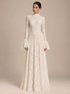 Women’s Ivory Elegant Floral Lace High Neck Long Bell Sleeve A-Line Maxi Dress with Ruffle Cuff Detail