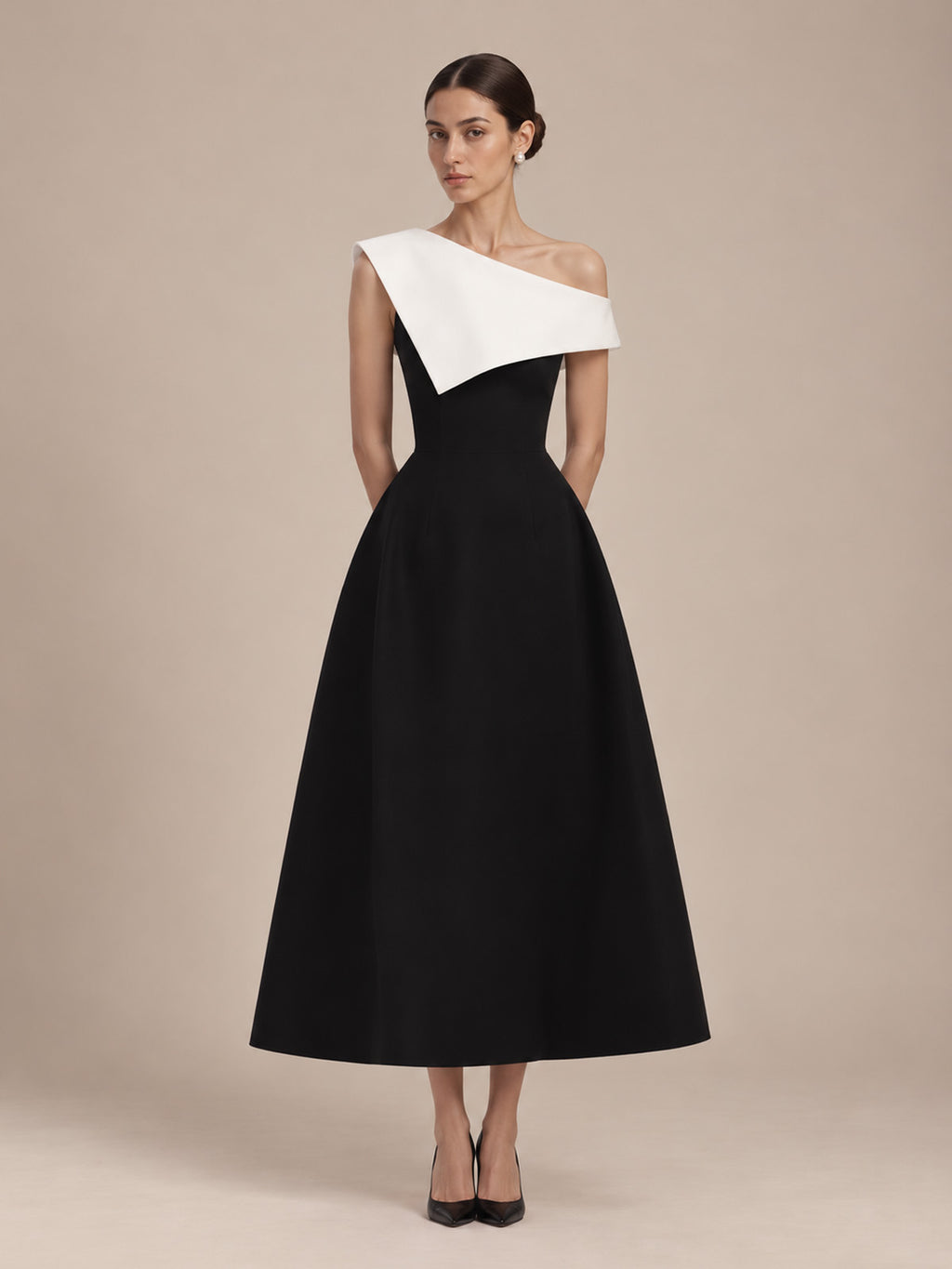 Women’s Black and White Elegant Asymmetric Off-Shoulder Sleeveless A-Line Midi Dress with Colorblock Detail