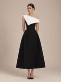 Women’s Black and White Elegant Asymmetric Off-Shoulder Sleeveless A-Line Midi Dress with Colorblock Detail