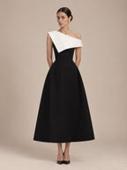 Women’s Black and White Elegant Asymmetric Off-Shoulder Sleeveless A-Line Midi Dress with Colorblock Detail
