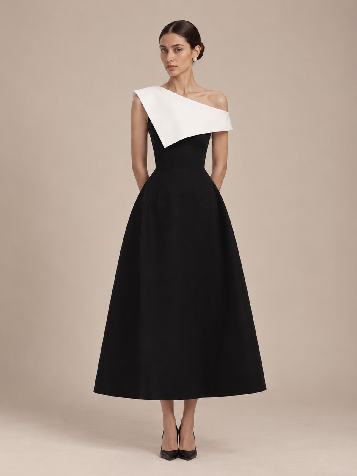 Women’s Black and White Elegant Asymmetric Off-Shoulder Sleeveless A-Line Midi Dress with Colorblock Detail