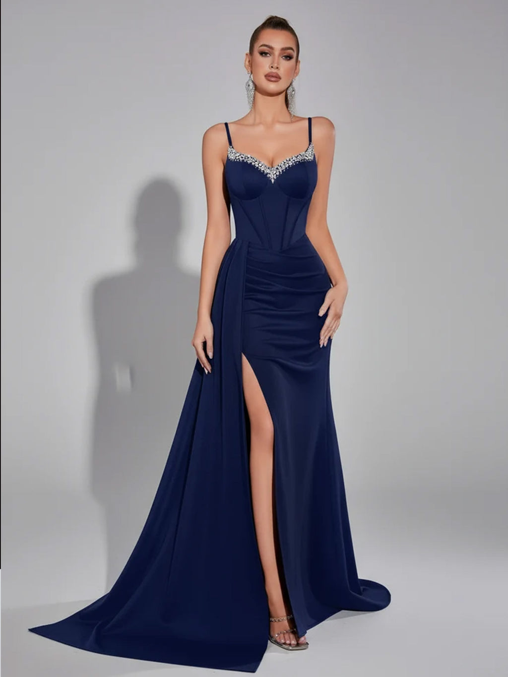 Women’s Navy Elegant Sweetheart Spaghetti Strap Tailored Maxi Dress with Side Slit
