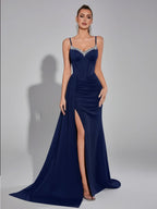 Women’s Navy Elegant Sweetheart Spaghetti Strap Tailored Maxi Dress with Side Slit