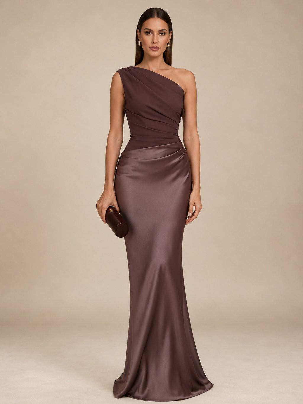 Women’s Purple Elegant Satin One Shoulder Sleeveless Column Maxi Dress with Draped Waist