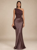 Women’s Purple Elegant Satin One Shoulder Sleeveless Column Maxi Dress with Draped Waist