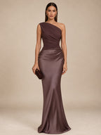 Women’s Purple Elegant Satin One Shoulder Sleeveless Column Maxi Dress with Draped Waist
