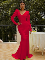 Women’s Red Elegant V-Neck Long Puff Sleeve Mermaid Maxi Dress with Ruched Bodice and Ruffle Shoulder Detail