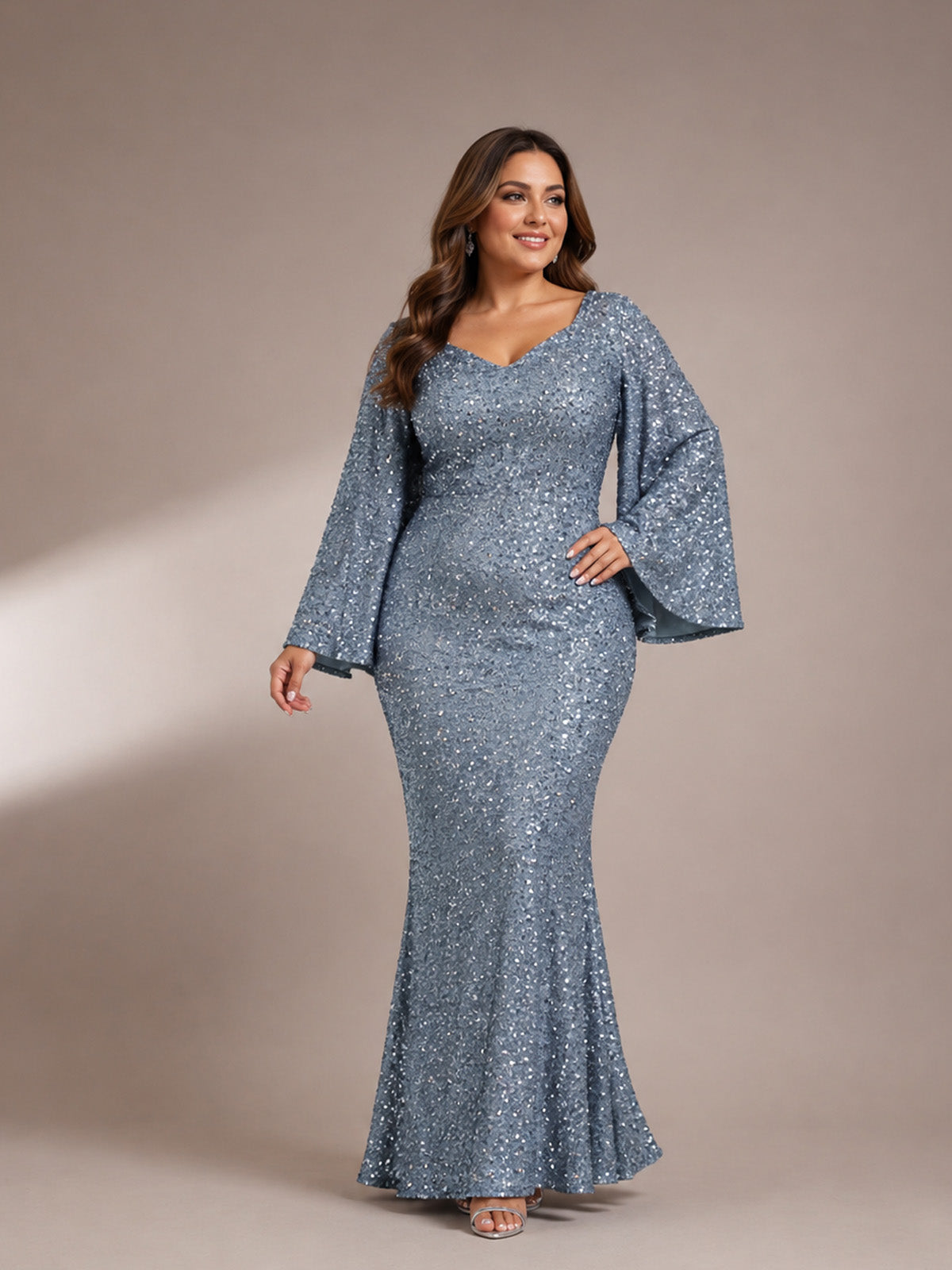 Women’s Silver Blue Glamorous Sequin Mesh V Neck Long Bell Sleeve Mermaid Maxi Dress with Embellished Detail