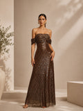 Damen Braunes Glamouröses Pailletten-Mesh Off-Shoulder Kurzarm-Maxikleid mit schmaler Passform
