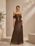 Damen Braunes Glamouröses Pailletten-Mesh Off-Shoulder Kurzarm-Maxikleid mit schmaler Passform