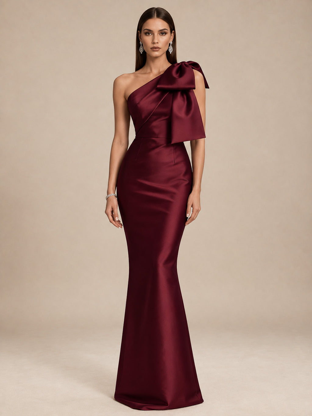 Women’s Burgundy Elegant Satin One Shoulder Sleeveless Mermaid Maxi Dress with Oversized Bow Detail