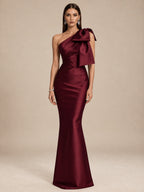 Women’s Burgundy Elegant Satin One Shoulder Sleeveless Mermaid Maxi Dress with Oversized Bow Detail