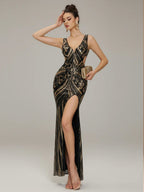 Women’s Black Gold Glamorous Sequin Mesh V Neck Sleeveless Mermaid Maxi Dress with High Slit Detail