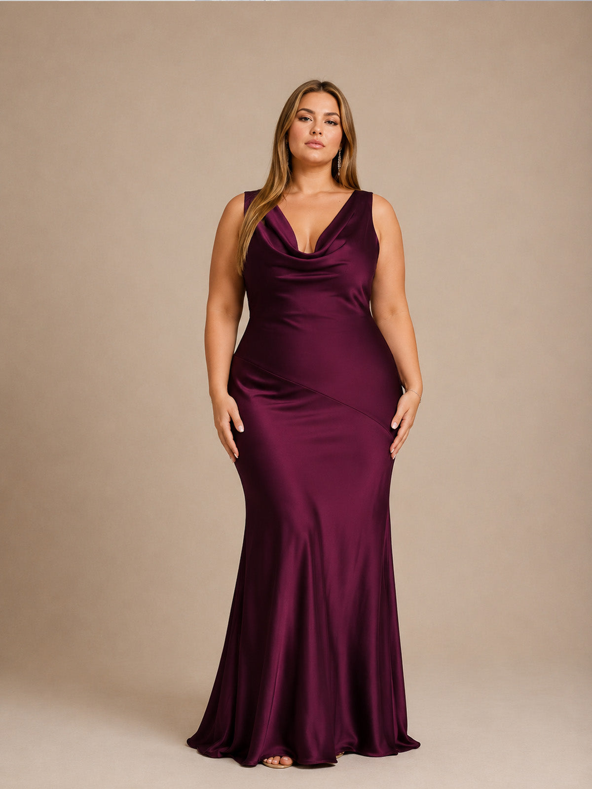 Women’s Mint Green Elegant Satin Cowl Neck Sleeveless Mermaid Maxi Dress