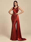 Women’s Red Elegant Satin Asymmetric Neck Sleeveless Mermaid Maxi Dress with Sequin Lace and Drape Detail
