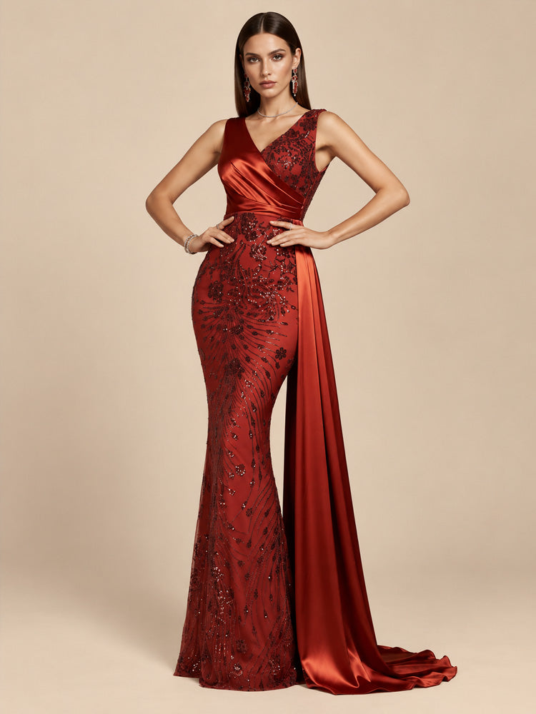 Women’s Red Elegant Satin Asymmetric Neck Sleeveless Mermaid Maxi Dress with Sequin Lace and Drape Detail