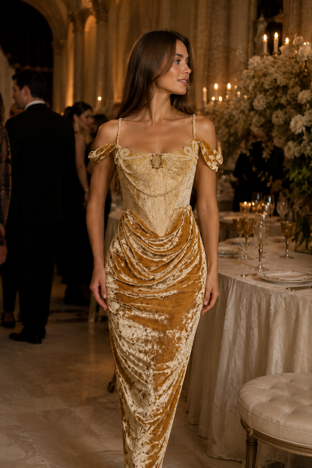 Women’s Gold Velvet Off Shoulder Ruched Draped Maxi Dress