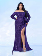 Plus Size Off The Shoulder Bow Knot Split Maxi Evening Dress