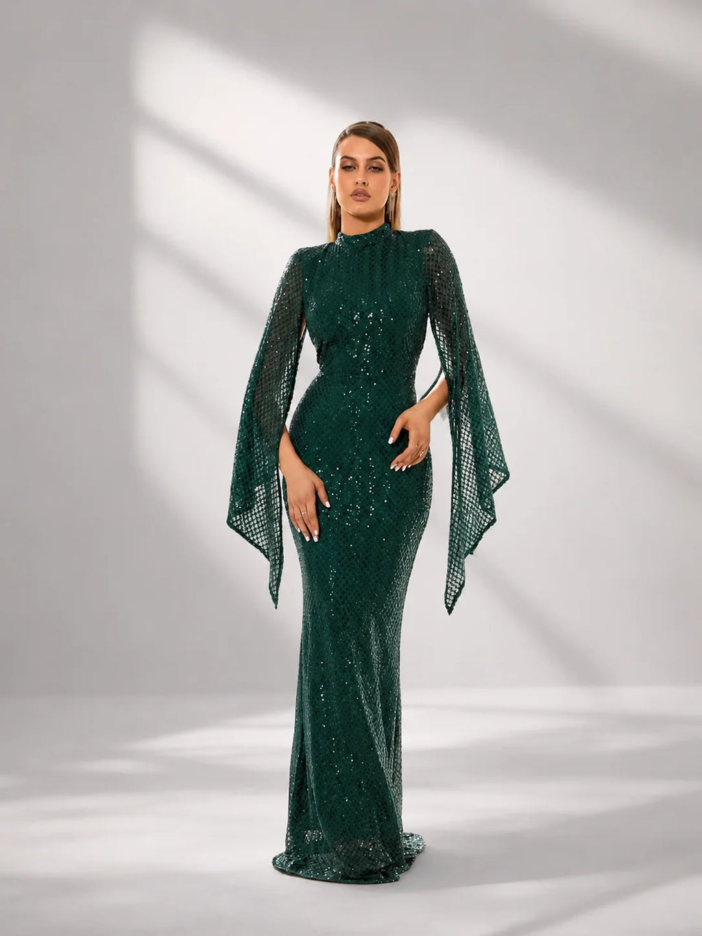 Women’s Apricot Glamorous Sequin Polyester Blend High Neck Bell Sleeve Regular Mermaid Maxi Prom Dress