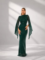 Women’s Apricot Glamorous Sequin Polyester Blend High Neck Bell Sleeve Regular Mermaid Maxi Prom Dress