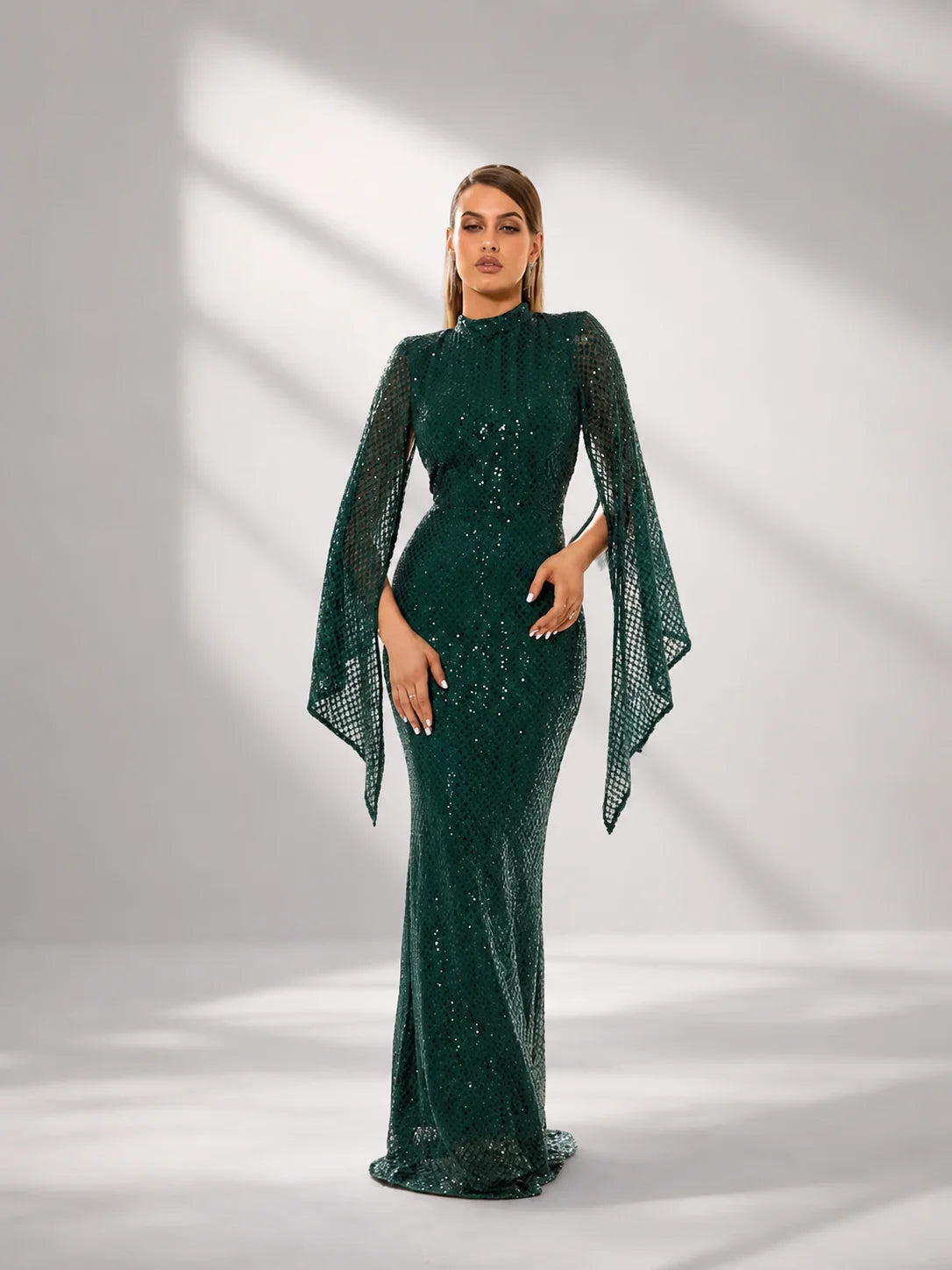 Women’s Apricot Glamorous Sequin Polyester Blend High Neck Bell Sleeve Regular Mermaid Maxi Prom Dress