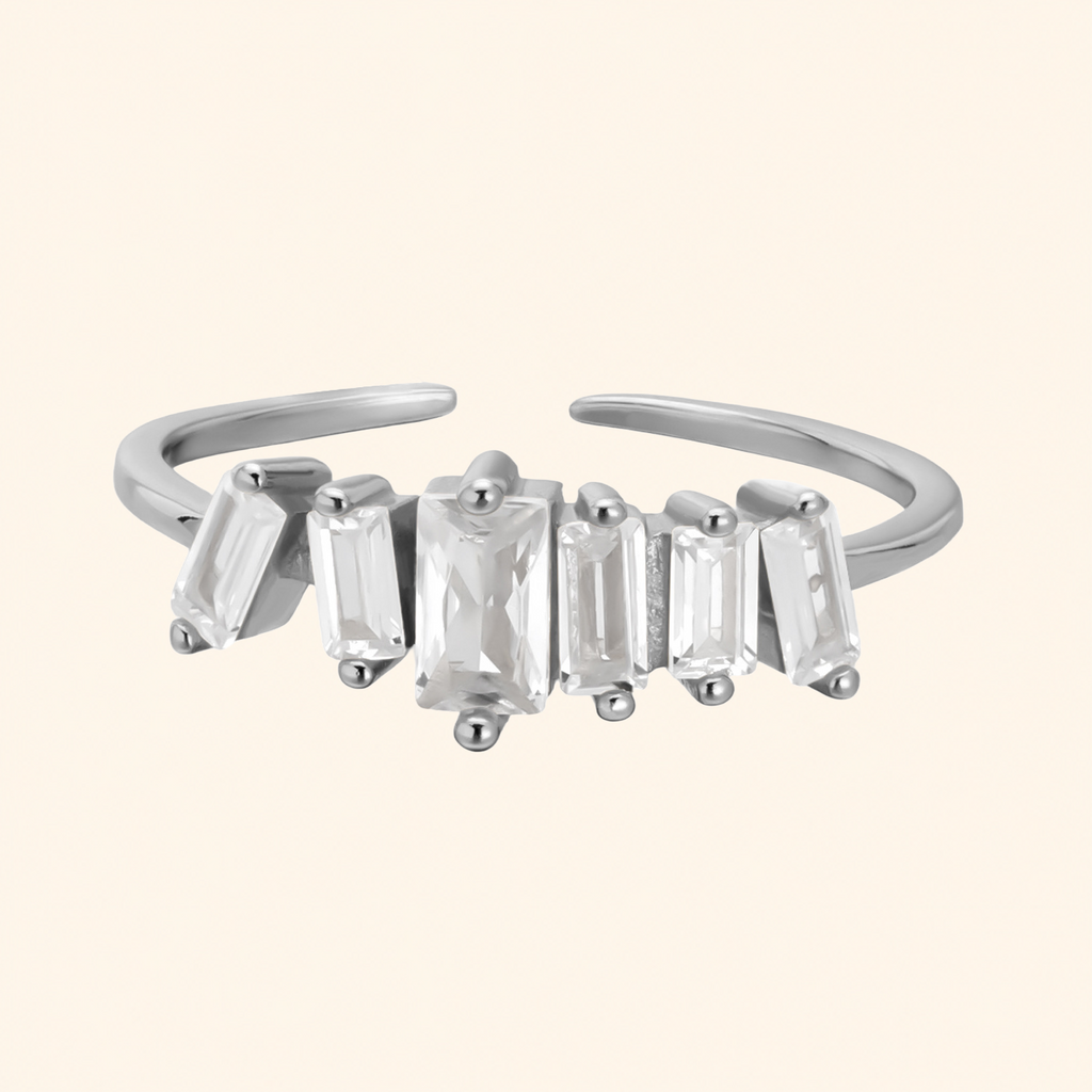 925 Sterling Silver Baguette Crystal Adjustable Open Ring