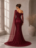 Women’s Elegant Sequin Asymmetrical Neck One Long Sleeve Regular Mermaid Maxi Dress with Beaded Detail