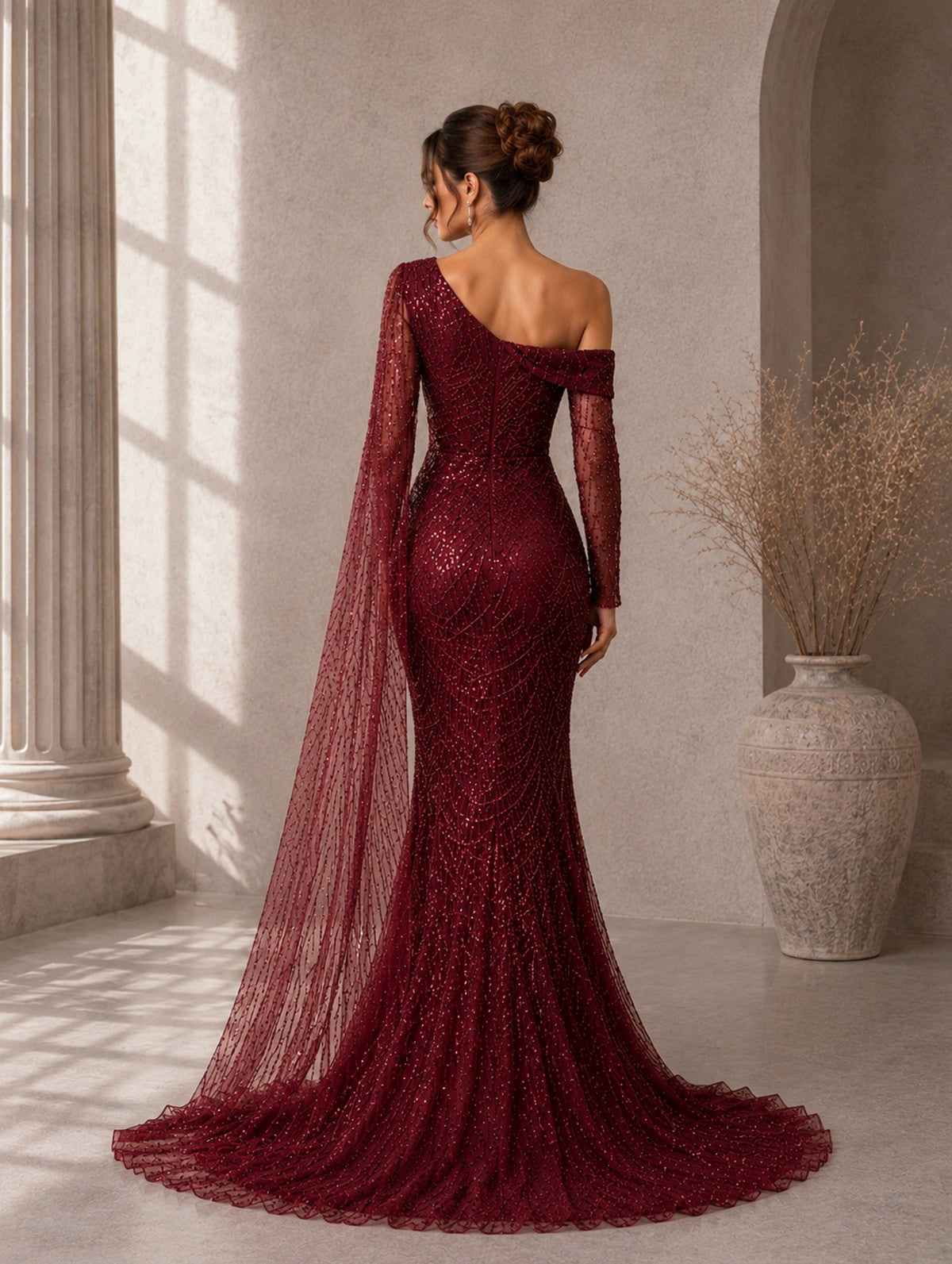Women’s Elegant Sequin Asymmetrical Neck One Long Sleeve Regular Mermaid Maxi Dress with Beaded Detail