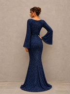 Women’s Rose Gold Evening Sequin V-Neck Mermaid Maxi Dress with Bell Sleeves