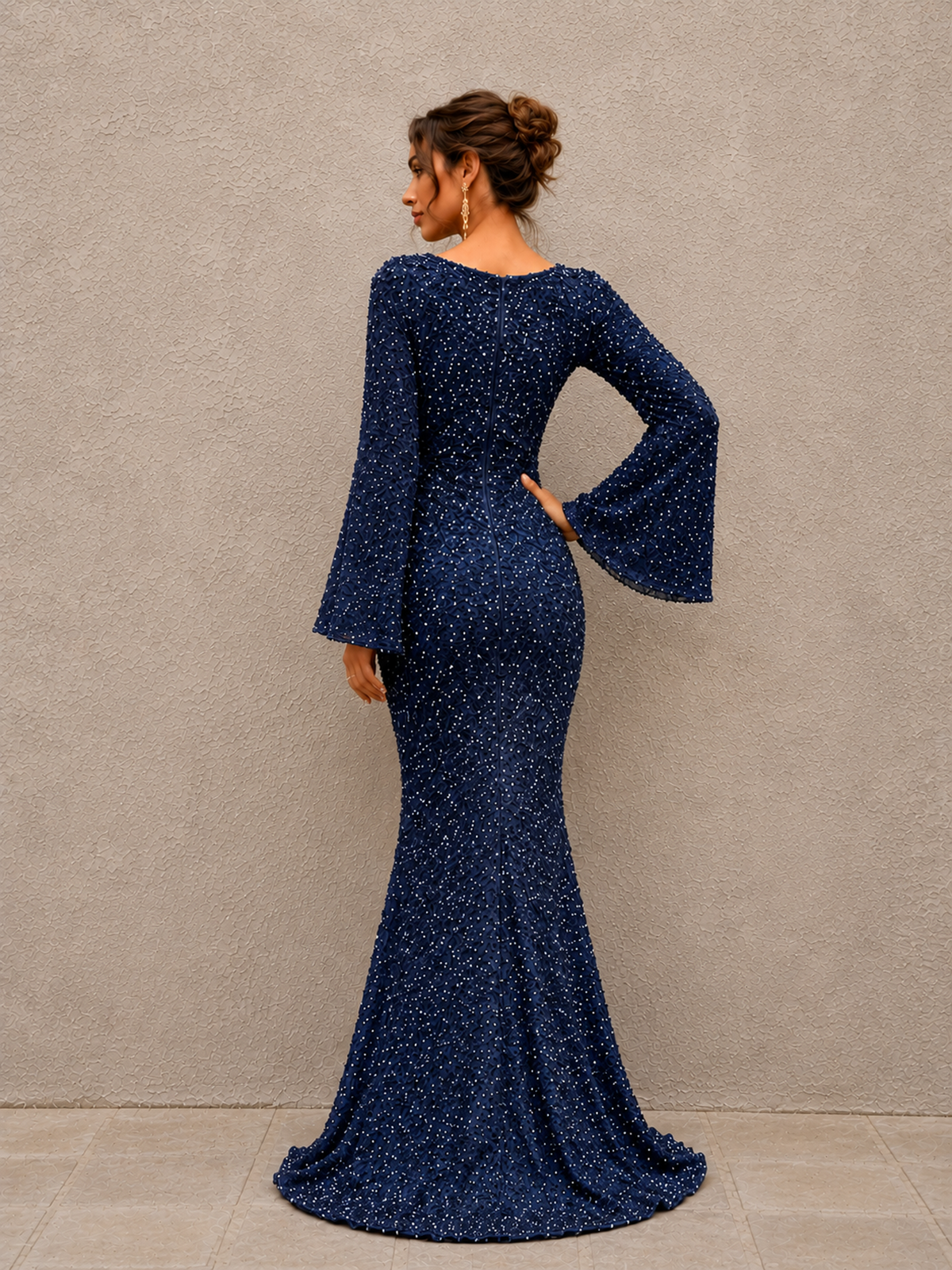 Women’s Rose Gold Evening Sequin V-Neck Mermaid Maxi Dress with Bell Sleeves