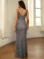 Women’s Black Elegant Sequin V-Neck Sleeveless High Slit Maxi Dress with Waist Bow Detail